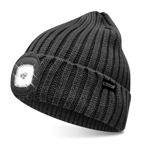 COTOP LED Beanie with Light,USB Rechargeable Hat Hands Free 4 LED Headlamp Cap Winter Knitted Night Lighted Hat Flashlight Women Men Gifts for Dad Him Husband Black