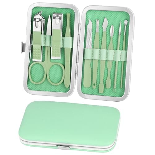 ALIIP Professional Manicure Set,10-Piece Stainless Steel Nail Clipper Kit with Leather Case, Portable Travel Nail Care Set for Women & Men, Press-Lock Design for Home & Gifting,Green