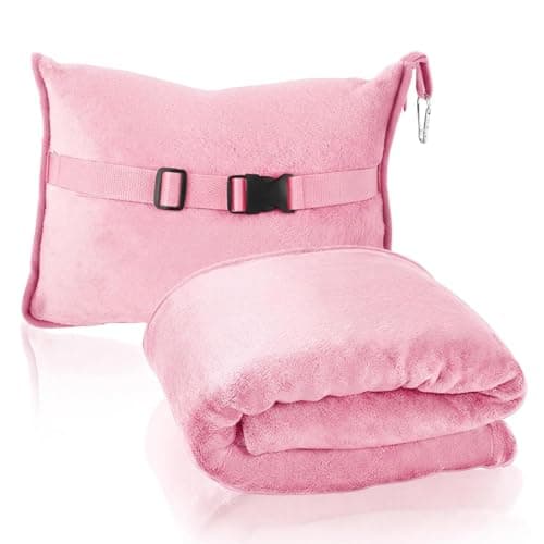 Eulihent Travel Blanket and Pillow 2 in 1 Airplane Blanket Ultralight Compact Foldable Soft Flannel Blanket with Luggage Belt and Backpack Clip for Long Flights, Camping, Car, Business Trips (Pink)