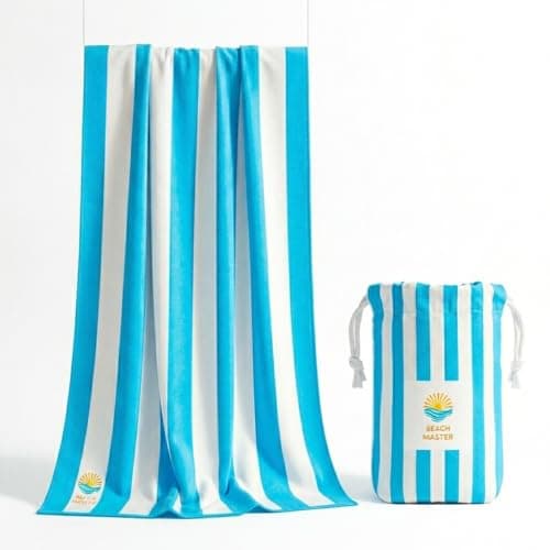 Beach Master Large Microfibre Beach Towel for Adults – Quick Dry & Sand Free Lightweight Travel Towel with Carry Bag, 160 x 80cm – Blue Stripe