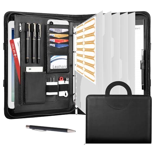 Leathario Portfolio Folder A4, Vegan Leather Conference Folder with Handle, 4-Ring Travel Document Holder with 5 5-Part File Dividers, Multi-Pocket Document Folder Organiser, Office Supplies