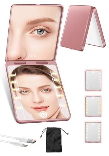 Compact Mirror, Rechargeable Magnifying Makeup Mirror with Light 30X Rose