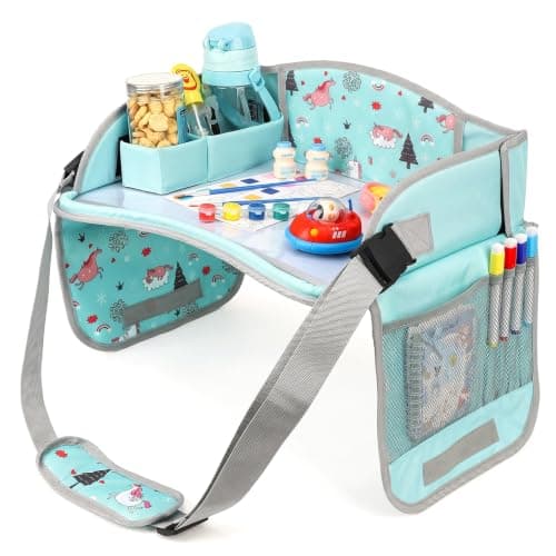 Kids Travel Tray Large Car Seat Tray Foldable for Girls Boys, Green, Drawing Board with Storage Pockets