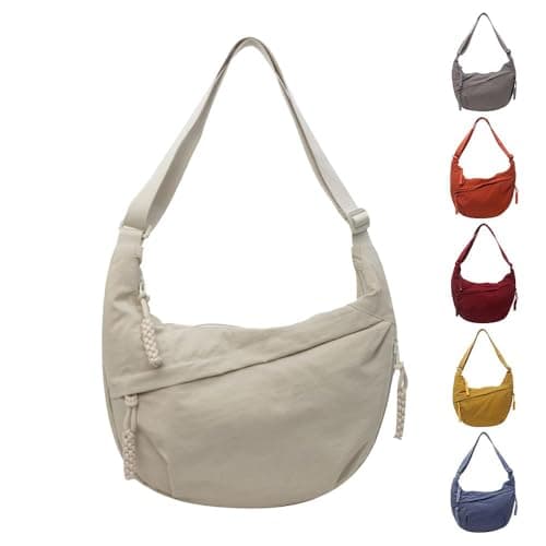 EHOTER Crescent Bag for Women Half Moon Bags Nylon Dumpling Sling Crossbody Bags for Travel Multi Pockets Crescent Cross Body Bag for School Travel Shopping Work (Beige)
