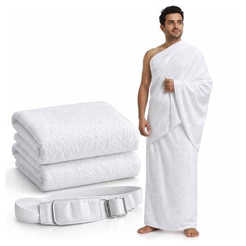 OBD 2 x Ihram for Men White Hajj Umrah Set with Belt Soft Towel Style Pilgrimage Clothing Lightweight Breathable Ihram Cloth for Men