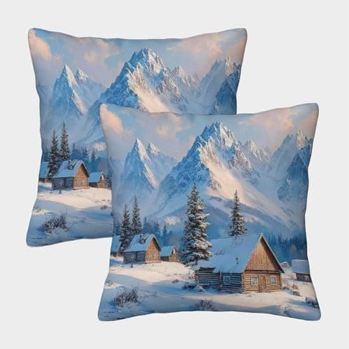 Winter Cabin Scene Organic Cotton Snowy Mountain LandscapePillow Slip Set of 2 Hypoallergenic Kids Toddler Double Bed UK Standard Size Eco-friendly Gift for Her Him 40x40cm