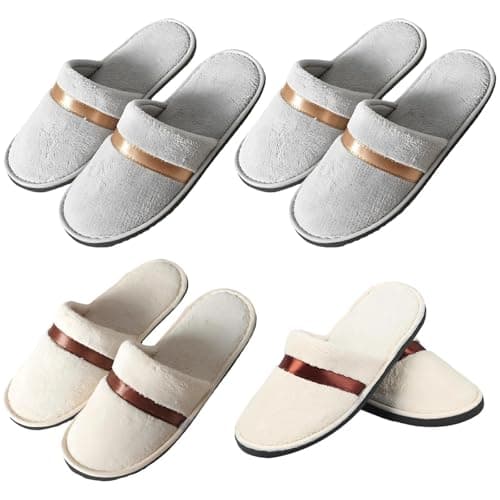 Plumaire 4 Pairs Towelling Hotel Slippers, Hotel Spa Slippers Closed Toe, Non-Disposable Deluxe Closed Toe Slipper For We Have Guests,Parties, Swimming Pools, And Travel Use Grey And Off-white