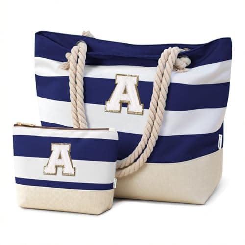 Vavabox Initial Beach Bag with Zip&Pockets, Personalised Gifts for Women(A)