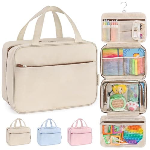 Kids Travel Organizer – Multi-Compartment, Water-Resistant Hanging Bag for Toys, Snacks, & Activities - Compact, Lightweight Design with Hook & Carry Handle - Perfect for Travel Use (Beige, Large)