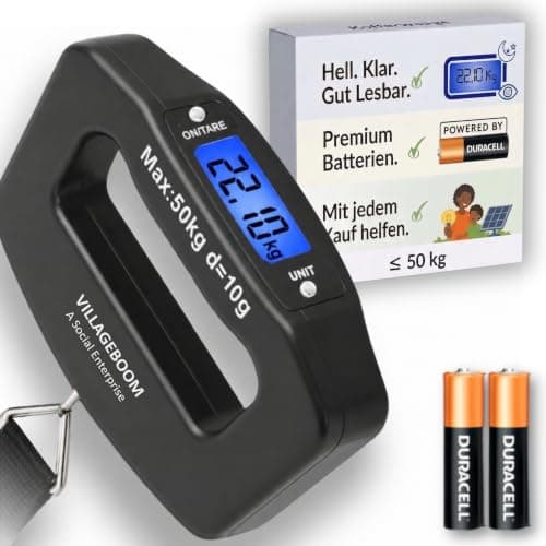Villageboom Digital Luggage Scales with Practical Strap - Luggage Scales up to 50 kg with Large Display & Tare Function - Includes 2 × AAA Batteries for Long Running Time - Supports Solar Projects in