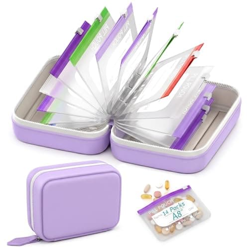 A8 Waterproof Pill Pouch Set, Weekly Pill Organiser with 14 Colour-Coded Pouches, Reusable Travel Medication Storage Binder, Portable Zip Pill Case for Vitamins, Fish Oil and Tablets-Purple