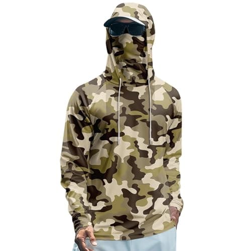 Men's Camo Sun Protection Hoodie with Face Cover, Lightweight Long Sleeve Fishing Shirt, Breathable Outdoor Hooded Top for Hiking and Camping