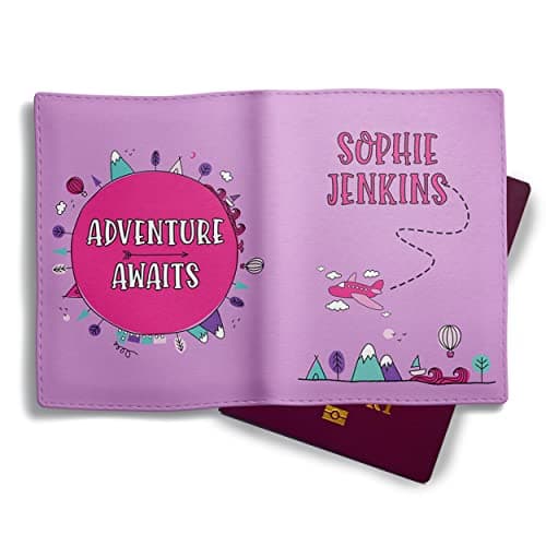 NOT JUST A PRINT Kids Passport Cover Personalised with Any Name | UK Passport Holder | Toddler Child's 1st Passport Adventure Awaits Wallet (Lilac/Pink)