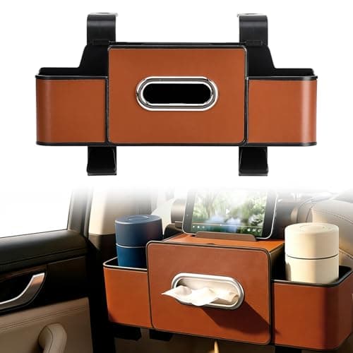 JSCARLIFE 3-in-1 Car Backseat Organizer with Cup Holder & Trash Bin,Multifunctional Seat Storage for Phones,Snacks & Handbags –Tissue Box & Hooks Included (Brown)