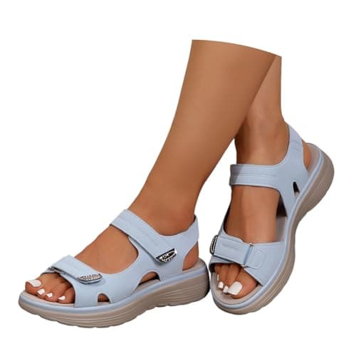 Wide Fit Sandals for Women Orthopedic Sandals Summer Open Toe Ankle Strap Sandals&Slides with Arch Support Low Wedg Lightweight Walking Shoes(Light Blue,5)