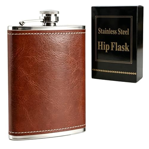 Stainless Steel Hip Flask, 8 oz Flask Alcohol Leak-Proof Portable Pocket Whisky Flasks with Brown Leather Surface for Men & Women Camping, Climbing, Travel and Gifting
