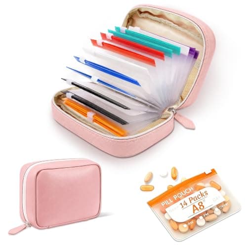 A8 Waterproof Pill Organiser Pouch Set with14 Color-Coded Bags Large Capacity Pill Pouches for Travel Reusable Medicine Pouch for Medication/Fish Oils/Vitamins 14 Day Travel Pill Box (Pink)
