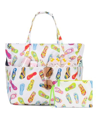 Large Beach Bag with Zip and Wet Compartment Beach Tote Bag, Slipper