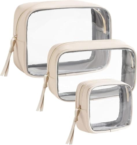 3-Piece Travel Makeup Bag Clear Waterproof Toiletry Bag Set Large, Medium Small Sizes Travel Toiletry Organizer Pouch Cosmetic Storage for Bathroom (Beige)