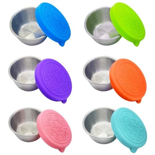 NbgrvB 304 Stainless Steel Sauce Containers 50ml, Leak-Proof Dip Cups with for Soft Silicone Lids, Portable Condiment Pots Travel, Camping, 6 Pack