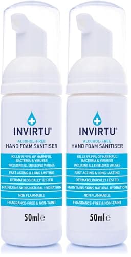 INVIRTU Alcohol Free Antibacterial Hand Sanitiser Foam (50ml) - Kills 99.9% Of Bacteria & Viruses - Great Hand Sanitiser For Travel & Festivals – Non- Scented Disinfectant - Kind To Skin (Pack of 2)