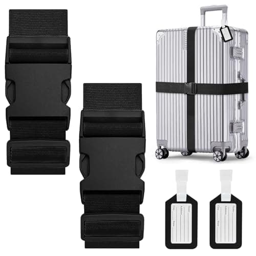 Aulese 2 Pack Luggage Straps, Adjustable Suitcase Straps with Luggage Tags, High-Visibility Luggage Straps for Suitcases, Travel Accessories Luggage Belt for Baggage (Black)