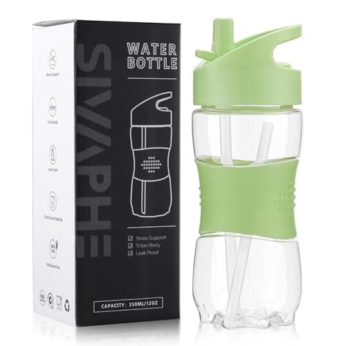 Sivaphe Children Water Bottle Leak Proof Camping, Student Kids School Outdoor Activities, Travel, Hiking, Cycling Drinking Bottle with Handle and Silicone Straw-Tritan Plastic (Green, 350ML-400ML)