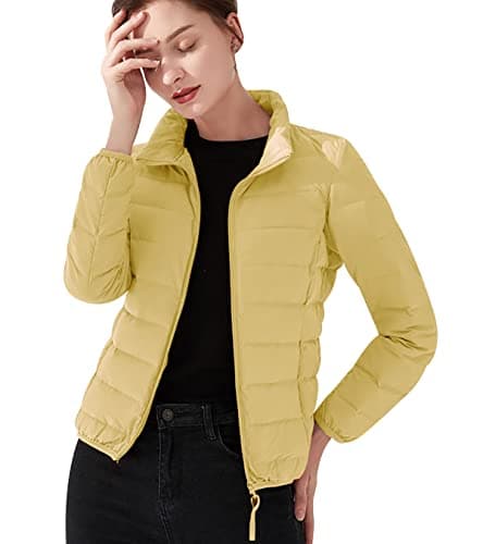 Ladies Puffer Jacket Lightweight Down Jacket Women Packable Puffer Coats for Women Puffa Jackets Oversized Waterproof Puffer Jackets Womens Compressible Down Feather Coat Parka Quilted Padded Yellow M
