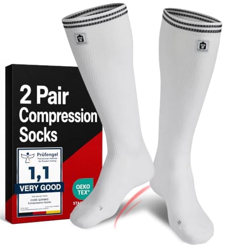 CORE GORIMO - 2 Pairs - Compression Socks for Women and Men - Breathable - Flight Socks Women & Men and Compression Stockings for Standing Work, Flying & Sport (White, 6 - 8)