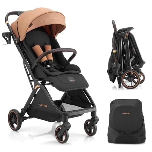 Gromast Gravity Folding Baby Stroller - Portable Travel Toddler Stroller w/Adjustable Backrest, Canopy & Cup Holder, Lightweight and UV Protected, One-Hand Automatic Folding - Khaki