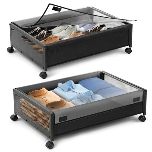 Warmiehomy Underbed Storage on Wheels 2 Pack Storage Boxes with Lid Metal Frame Under Bed Shoe Storage Visible Under The Bed,Storage for Clothes Shoes Toys Blankets