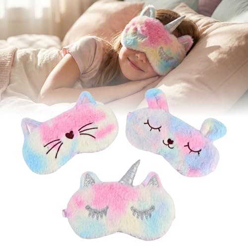 Kids Sleep Mask 3 Pack, Cute 3D Animal Eye Masks for Sleeping, Soft Plush Rabbit Cat Blindfold, Breathable Travel Eye Cover for Girls Boys Women, Adjustable Night Eyeshade