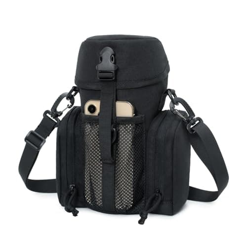 Gexgune Molle Water Bottle Pouch for 64 oz Wide Mouth Bottles - Military Grade Hydration Carrier with Adjustable Shoulder Strap, 2 Zipper Pockets & Front Mesh Pocket (Black)