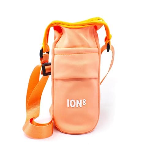 Ion8 Sling Bag – Foldable, Lightweight Water Bottle Holder & Carrier with Pocket, Adjustable Strap & Hook – Machine Washable, Fits 1L Bottle – Travel-Friendly & Easy to Clean Hydration Pouch, Coral