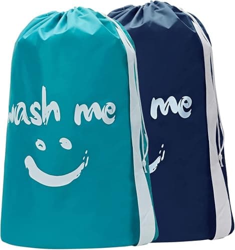 CJWLKJ 2 Pack XL Travel Laundry Bag with Strap, Dirty Clothes Organizer, Carry Up to 4 Loads of Laundry, Easy Fit a Laundry Hamper or Basket, Sky Blue and Blue