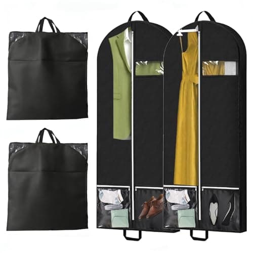 2 Pack Garment Bags for Hanging Clothes, 54x23x4 Inch Foldable Suit Cover with Clear Zipper Pockets & Handles, Heavy Duty Storage Carriers for Travel, Suit, Coat, Dress, Black