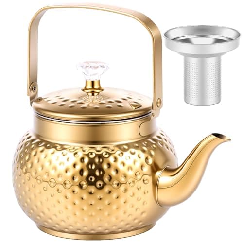 1.5/2 Litre Gold Hammered Tea Kettle Stainless Steel Coffee Pot Loose Leaf Teapot with Strainer Stovetop Tea Kettle Outdoor Camping Travel Supplies Gift for Women(2L)