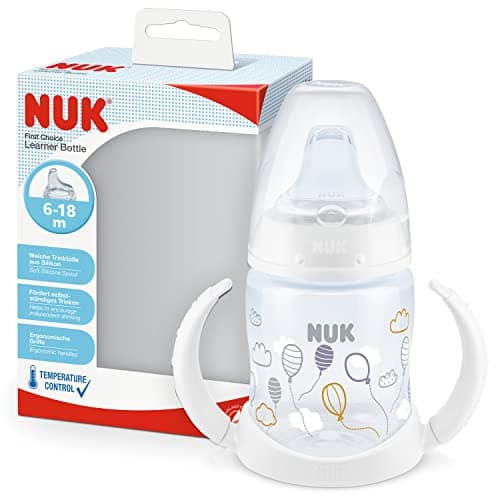 NUK First Choice Sippy Cup | 150 ml | Easy-Grab Handles & Orthodontic Silicone Spout | Leak-Proof | 6-18 Months | Anti-Colic | Temperature Control | Balloons (White)