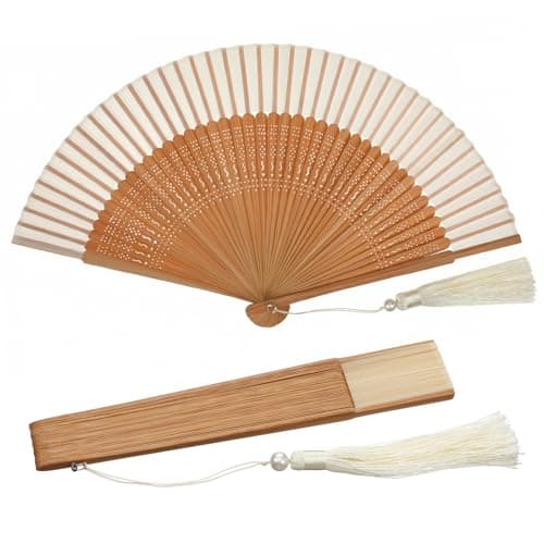 Nogeqi Handheld Folding Fan, Portable Bamboo Hand Fans for Women Foldable, Decorative Chinese Fan for Hot Flashes, Summer Cooling, Dancing Wedding Church Performance (White)