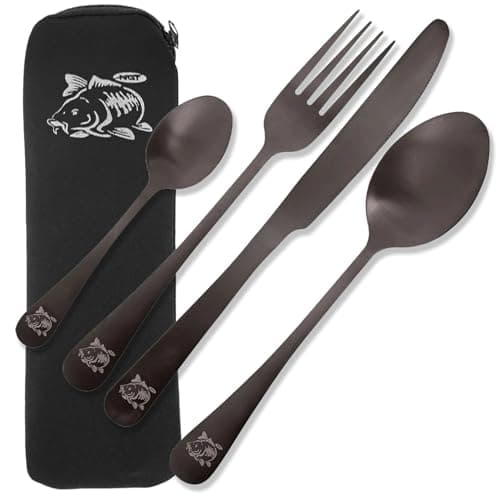 NGT 4pc Stainless Steel Cutlery Set with Neoprene Case – Fork, Table Knife, Spoon & Teaspoon – Durable Matt Finish Outdoor Dining Kit for Fishing, Camping & Travel