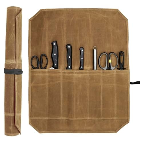 LINISITING Waxed Canvas Knife Roll Bag, 7 Slots Knife Roll Bag, Portable Waterproof Cutlery Tool Storage Case, Drawstring Design Handbag for Camping Hiking Kitchen Chef Tools Organizer