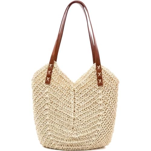 Straw Beach Bag for Women, Summer Straw Tote Bag Handbag with Zip Leather Handles, Retro Handmade Boho Casual Woven Travel Holiday Shoulder Bags for Beach Vacation Outdoor Shopping Daily Use (Beige)