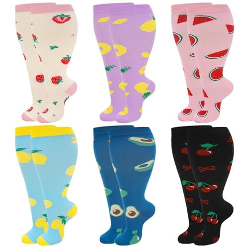 Zuimei 6 Pair Women Plus Size Leg Compression Socks, Fruit Pattern Wide Calf Compression Support Socks for Women, Ideal for Flight Travel Varicose Veins 2XL