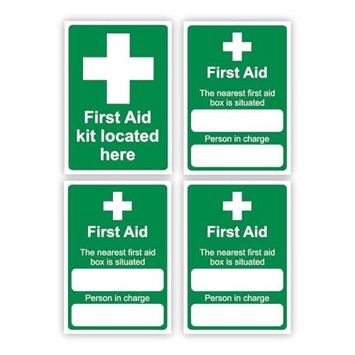 First Aid Location Signage (Set of Four) Self-Adhesive Signage / 7x10cm Each (Pack of 4) / Portrait Orientation Removable & Wipeable/Indoor or Outdoor Stickers/Gloss Finish/First Aid Kit Sign