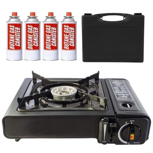 Trendi Portable Camping Stove with 4 Gas Canisters – Complete Outdoor Cooking Set with Carry Case, EN417 Gas Compatibility, Auto Ignition & Adjustable Flame