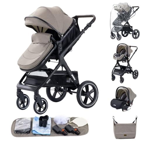 GLOKID 3-in-1 Luxury Baby Travel System Pram - High Landscape Stroller with 360° Reversible Seat, One-Click Folding & Mosquito Net, Lightweight Aluminum Frame for Newborns to Toddlers (X1 Khaki)