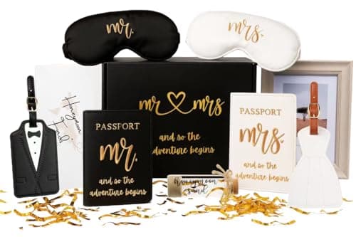 Mr and Mrs Honeymoon Travel Gift Set, Includes Embroidered Passport Covers, Luggage Tags, Eye Masks, Honeymoon Sand Keepsake Jar, Picture Frame, Honeymoon Funds Envelope (Dress Tuxedo)