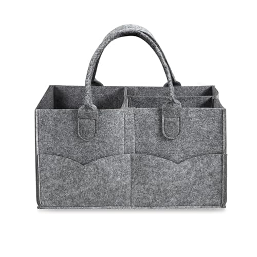PandaEar Baby Diaper Caddy Organiser - Large Felt Nursery Storage Bin for Nappies & Wipes - Portable Car Travel Basket with 3 Adjustable Compartments & 5 External Pockets - Dark Grey
