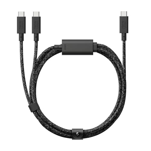 Native Union Belt Cable 2-in-1 – 2m/6.5ft Multi-Device High Speed Charging Cable with Leather Strap for all Type-C Devices – 140W USB-C to two USB-C Connectors – Made with Recycled Materials (Cosmos)