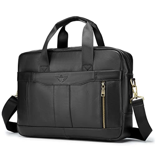 BAGZY Unisex Vintage Genuine Leather Laptop Briefcase for Mens Women Shoulder Bag Messenger Handbag Business Document Bag Satchel Rucksack 14 inches Laptop Bag for Office Work Travel College Coffee…